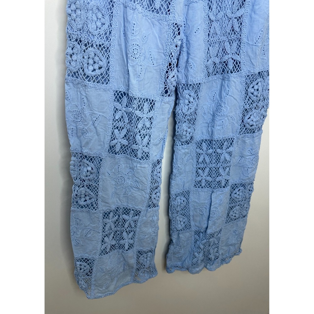 Altar'd State Hibiscus Patchwork Crochet Pants Light Blue Large Wide Leg Boho - Picture 6 of 12